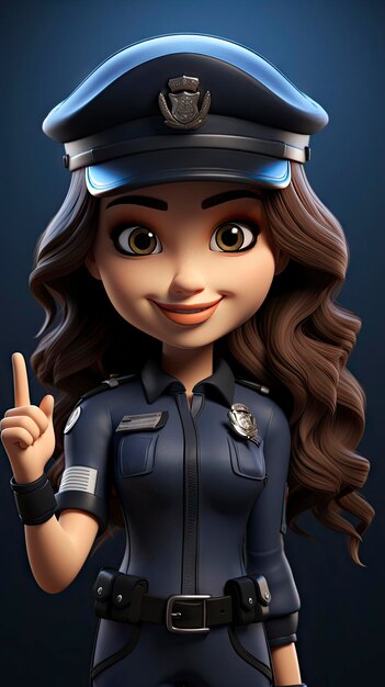 Foto fröhlicher animierter polizist mit zeigegeste in stilvoller uniform