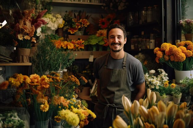 Fröhlicher Blumenladenarbeiter neben vielen bunten Blumen, Konzeptarbeit