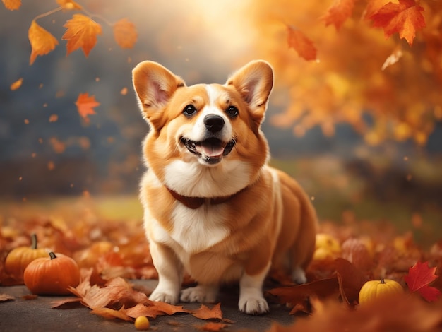 Fröhlicher Corgi-Hund auf herbstlichem Naturhintergrund, breites Web-Banner Herbstaktivitäten für Hunde
