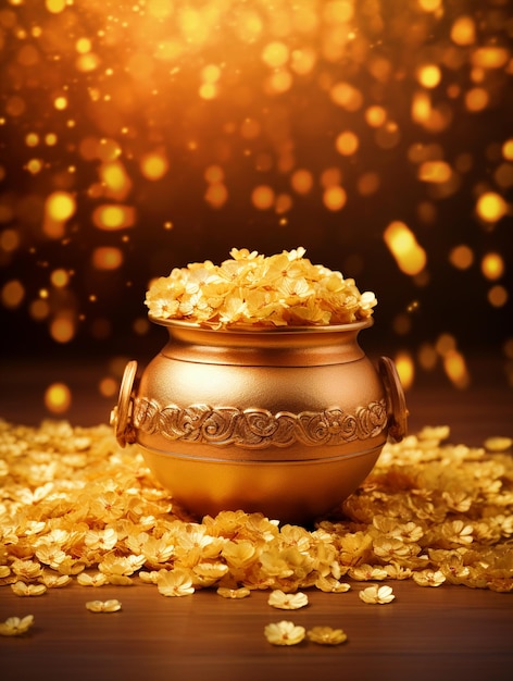 Fröhlicher Dhanteras-Hintergrund mit goldenem Topf und Goldmünzen