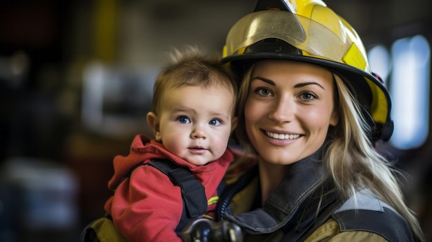 Fröhlicher Feuerwehrmann mit Kindersicherheit, mutigem Rettungskonzept für Überlebende