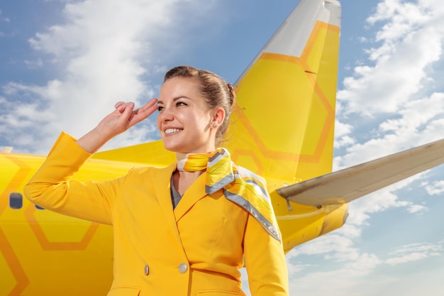 Fröhlicher Flugbegleiter in Airline-Uniform, der Grußgesten macht und lächelt, während er in der Nähe eines gelben Flugzeugs steht