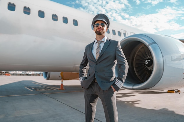 Fröhlicher Flugzeugpilot, der draußen am Flugplatz steht