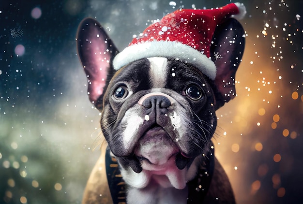 Fröhlicher französischer Bulldoggenhund im Weihnachtsmann-Kostüm und glänzendem Bokeh-Hintergrund Tier- und Feiertagskonzept Generative KI