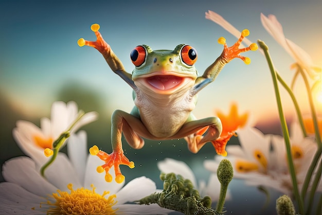 Fröhlicher Frosch springt in ein wildes Blumenfeld. KI-generierte Illustration