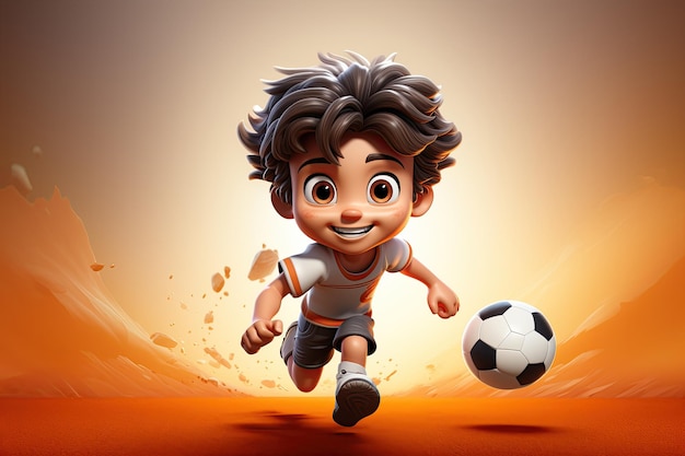 Fröhlicher Fußballspieler-Junge, der mit einer Ball-Cartoon-Figur läuft