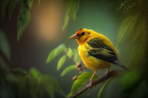 Fröhlicher gelber Vogel, der auf einem Ast ruht. Generative KI