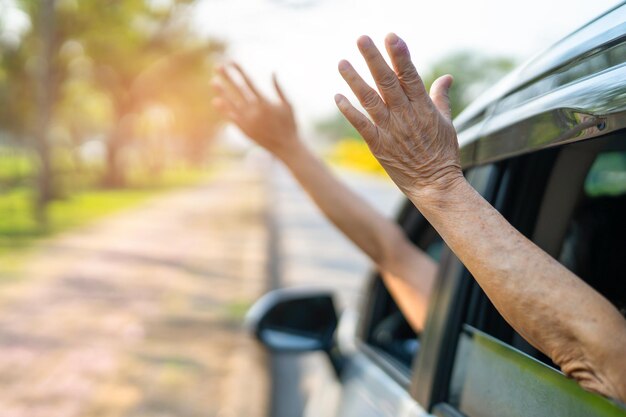 Fröhlicher Genuss und Freiheit bei der Reise mit erhobener Hand aus dem Fensterauto im Sommerurlaub