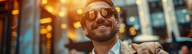 Fröhlicher Geschäftsmann mit Bitcoin-Sonnenbrille im städtischen Abend-Setting-BannerxA