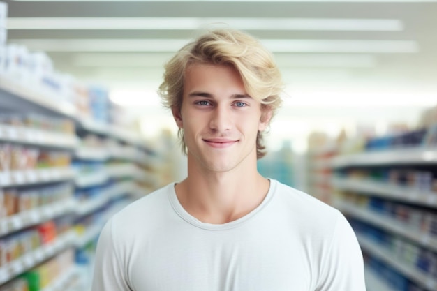 Foto fröhlicher gesichtsausdruck in einem supermarkt, der von der ki erzeugt wurde