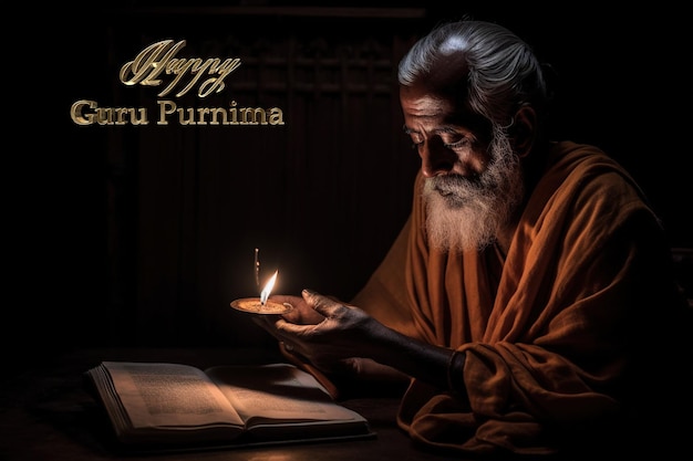 Fröhlicher Guru Purnima. Der Tag, an dem der erste Guru geboren wurde. Der Festtag des großen Weisen Vyasa. Traditionelle hinduistische Feier, die erleuchteten spirituellen Meistern gewidmet ist. Generative KI
