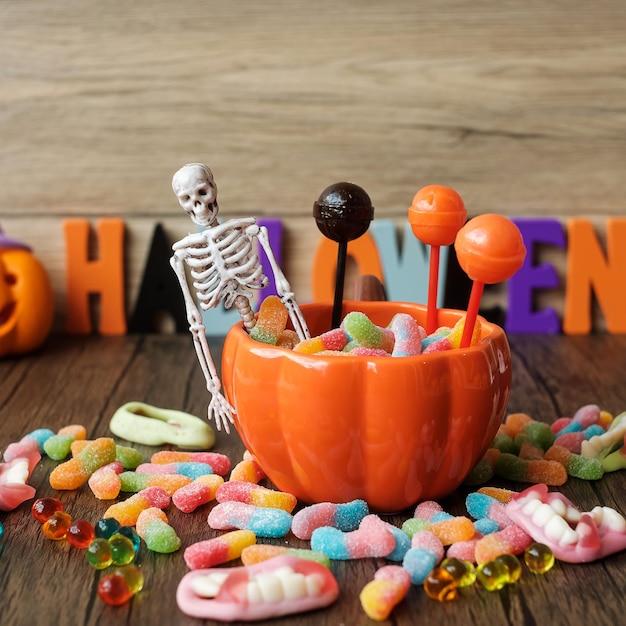 Fröhlicher Halloween-Tag mit Geisterbonbons Kürbisschale Jack O Laterne und dekorativer selektiver Fokus Trick or Threat Hallo Oktober Herbst Herbst Festliches Party- und Urlaubskonzept