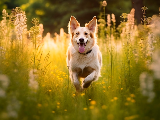 Fröhlicher Hund läuft auf einer Wiese mit Gras auf dem Weg und spielt draußen generative KI