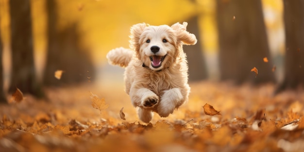 Fröhlicher Hund läuft und spaziert durch die Blätter im Herbst