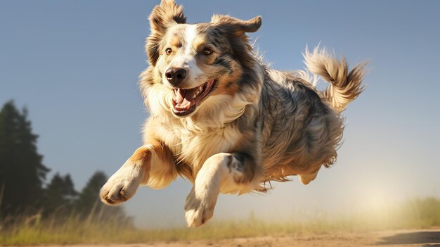 Foto fröhlicher hund mitten in der bewegung eingefangen