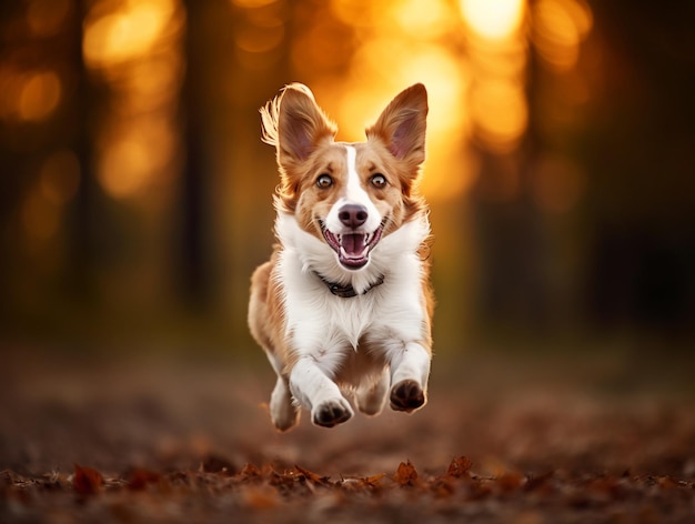 Fröhlicher Hund springt mit KI-generiertem Naturhintergrund