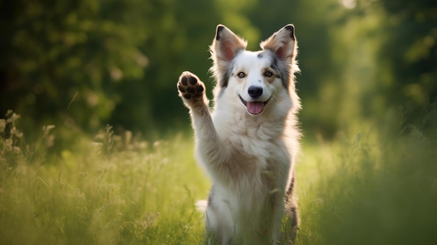 Fröhlicher Hund zeigt seine Pfote vor dem Hintergrund der Natur