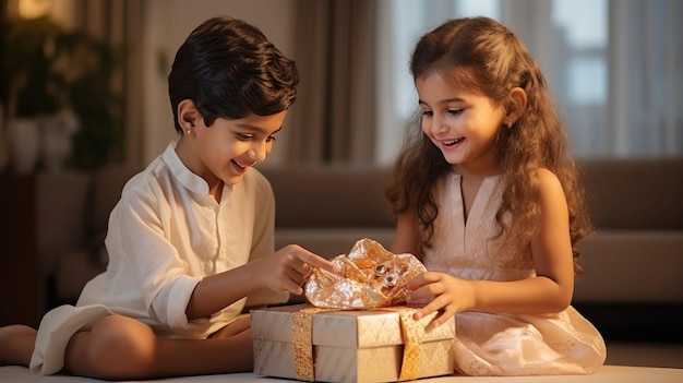 Fröhlicher indischer Bruder und Schwester tauschen während des Raksha-Bandhan-Festes Geschenkboxen aus