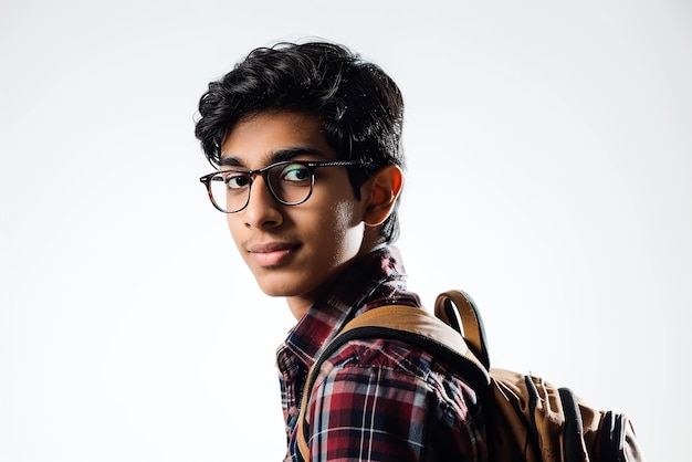 Fröhlicher, intelligenter indischer Studentenjunge mit Tasche auf weißem, isoliertem Hintergrund