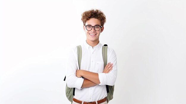 Fröhlicher, intelligenter Studentenjunge mit Tasche auf weißem, isoliertem Hintergrund