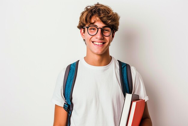 Fröhlicher, intelligenter Studentenjunge mit Tasche auf weißem, isoliertem Hintergrund