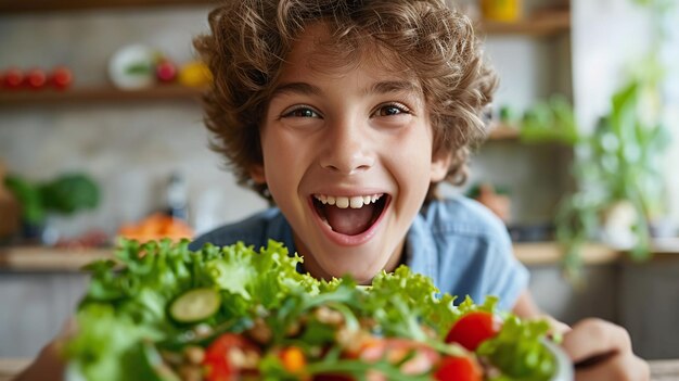 Fröhlicher Junge, der frischen Salat genießt, gesundes Kindernahrungskonzept