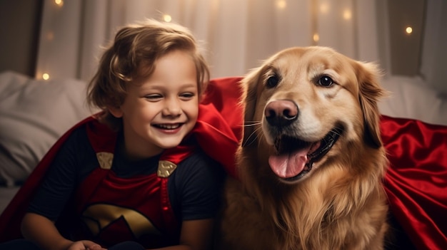 Fröhlicher Junge im Halloween-Kostüm sitzt mit Golden Retriever