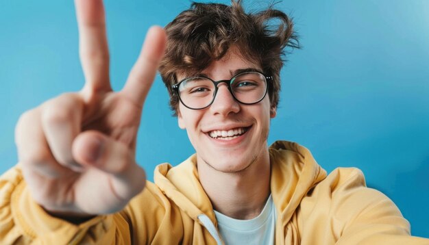 Fröhlicher Junge macht ein Selfie mit dem Siegeszeichen