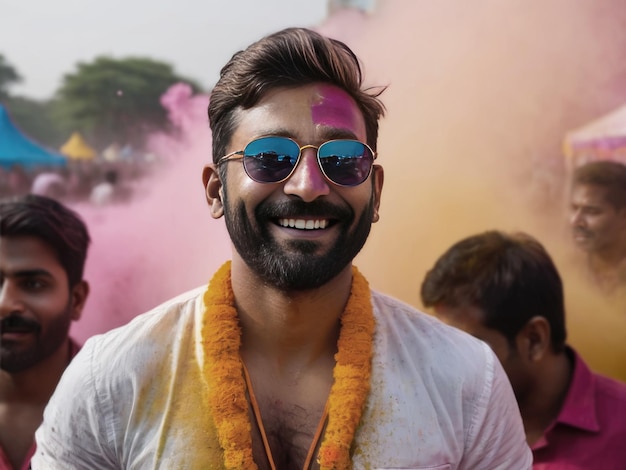 Fröhlicher junger Inder mit Brille und weißem Hemd, der sich auf den Straßen beim Holi-Festival of Colo amüsiert