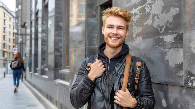 Foto fröhlicher junger mann mit rucksack in einer städtischen umgebung