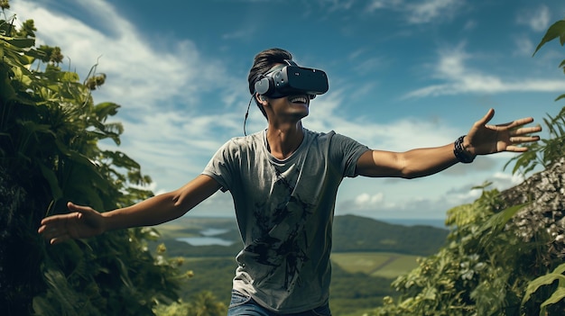 Fröhlicher junger Mann tanzt in der generativen KI der virtuellen Realität