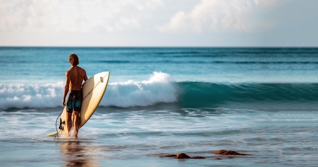 Fröhlicher Kerl in Strandkleidung hält ein Surfbrett in der Hand. Surfer-Rückansicht mit Blick auf das Meer mit Sommerhimmel