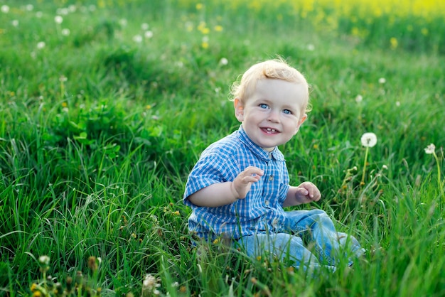 Fröhlicher kleiner Junge, der im Gras sitzt