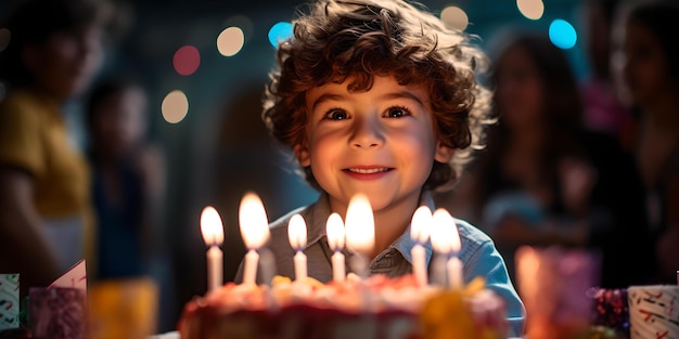 Fröhlicher kleiner Junge feiert Geburtstag mit Kuchen und Kerzen, Kinderparty mit festlicher Atmosphäre und Dekorationen, ein bedeutsamer Anlass für Kinder