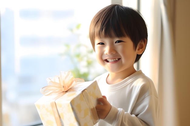Fröhlicher kleiner Junge hält ein Geschenk vor einem Fenster, perfekt für festliche Anlässe. Generative KI