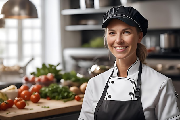 Fröhlicher Koch in der Küche des Restaurants lächelt und schaut in die Kamera