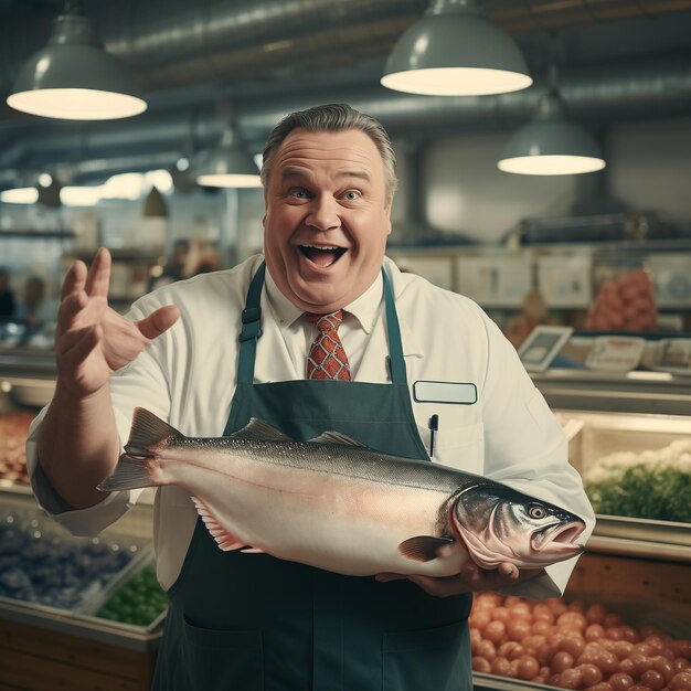 Fröhlicher Koch mit großen Fischen auf dem Markt Meeresfrüchte-Markt-Konzept Kopie-Raum-Design-Werbung