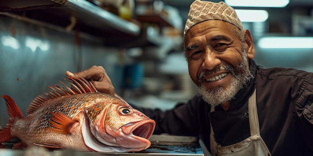Fröhlicher Koch posiert mit frischem Fisch in einer rustikalen Küche in einer authentischen kulinarischen Atmosphäre
