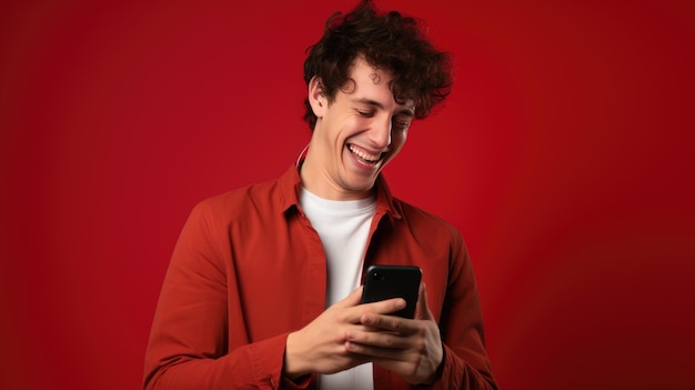 Fröhlicher lächelnder junger Mann, der sein Telefon auf farbigem Hintergrund benutzt.