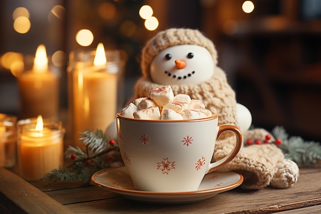 Fröhlicher lächelnder Schneemann mit Mütze und Schal, der eine Tasse heiße Schokolade mit geschmolzenem Marshmallow trinkt