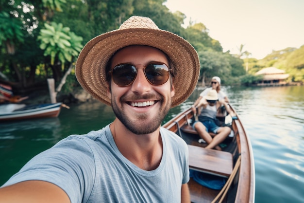 Fröhlicher Mann, der ein Selfie mit Hut und Sonnenbrille aufnimmt