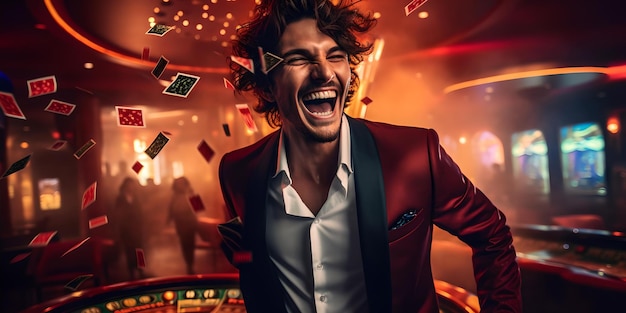 Fröhlicher Mann feiert einen großen Gewinn in einem dynamischen Casino, das Karten in die Luft legt, Aufregung und Nervenkitzel, offensichtlich großartig für KI-Gaming-Promotionen