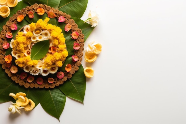 Fröhlicher Onam-Feiertag für das Südindien-Fest für Grußkarten-Banner, Poster, Titel, Emblem, Etikett, Tag, altes Hindu-Fest von Kerala Malayalis Harvest Sadya Thiruvathira Kali Generative AI