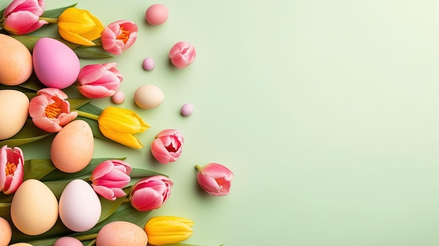 Fröhlicher Osterfeierhintergrund mit Tulpen und dekorativen Eiern