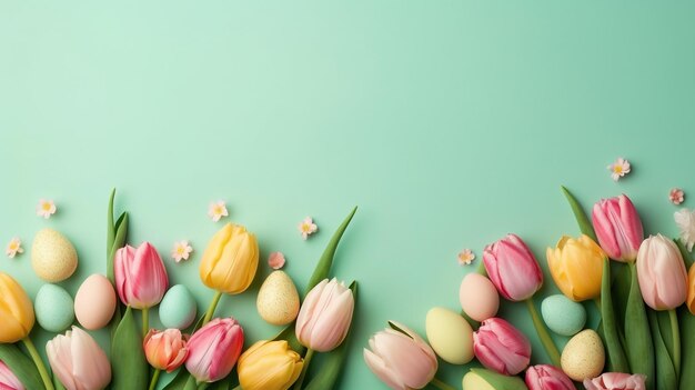 Fröhlicher Osterfeiertags-Grußhintergrund mit Tulpen und dekorativen Eiern in verschiedenen Farben