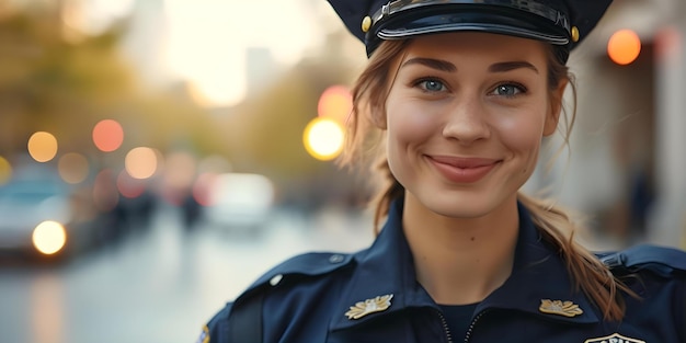 Fröhlicher Polizist in Uniform posiert zuversichtlich für die lächelnde Kamera Konzeptporträtfotografie Gesetzeszugehörigkeit Selbstvertrauen Lächelnde Uniform
