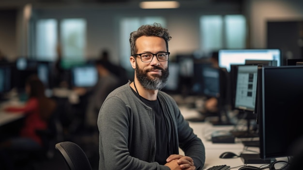 Fröhlicher Programmierer mit Brille, der im Büro mit Computern arbeitet