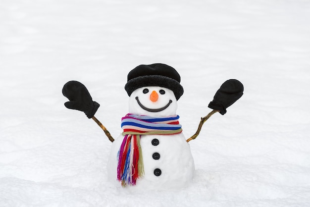 Fröhlicher Schneemann mit Handschuhen. Neujahrs- und Weihnachtskarte mit traditionellem Wintercharakter