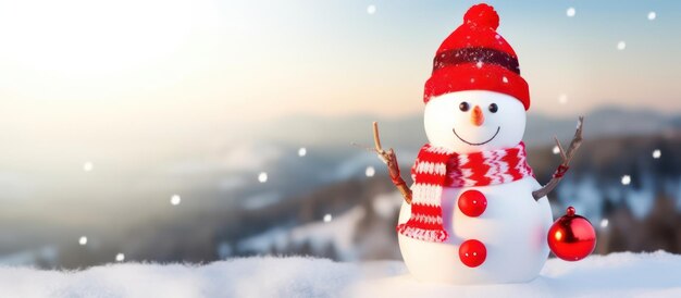 Fröhlicher Schneemann mit leuchtend rotem Hut und Handschuhen in einer verschneiten Landschaft