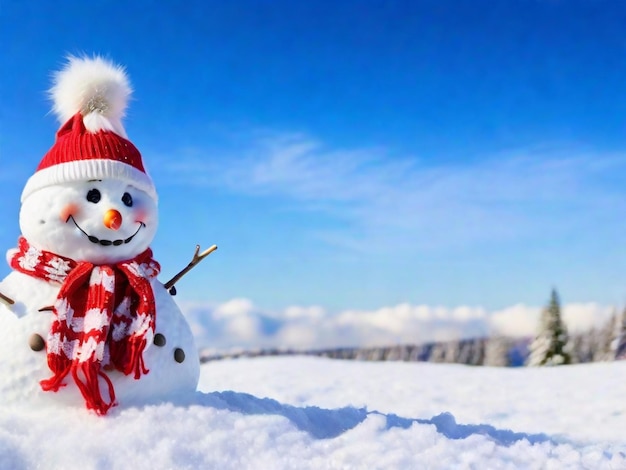 Fröhlicher Schneemann mit rotem Schal und Mütze steht im Schnee